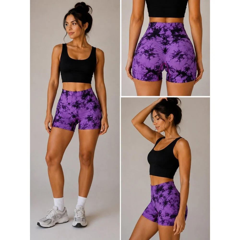 Purple Tie Dye High Waist Scrunch Butt Seamless Workout Shorts Small